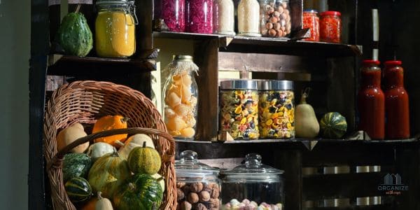 organized pantry of jars and vegetables